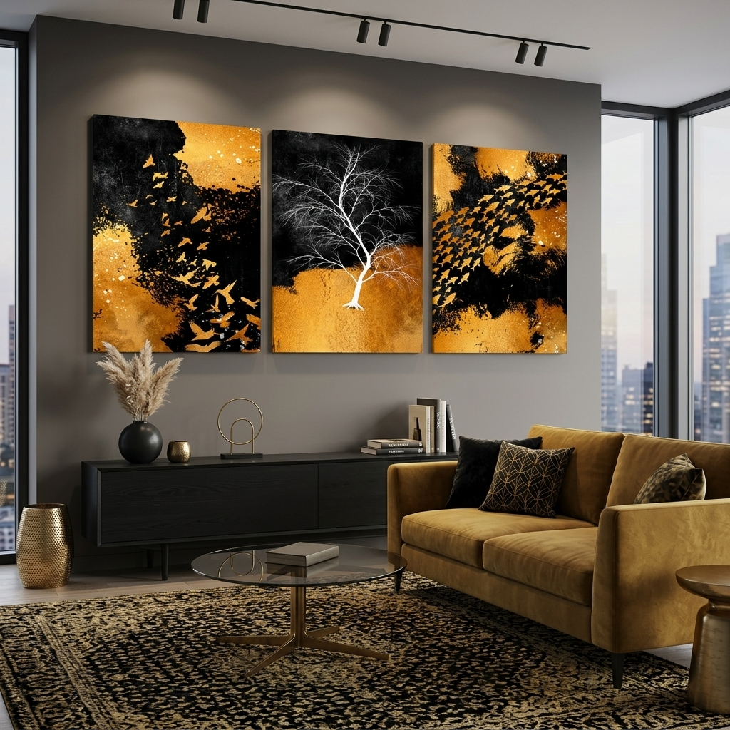 Modulare Abstraktion in den Farben Schwarz, Gold und Weiß. Mehrteiliger Kunstdruck auf Leinwand.