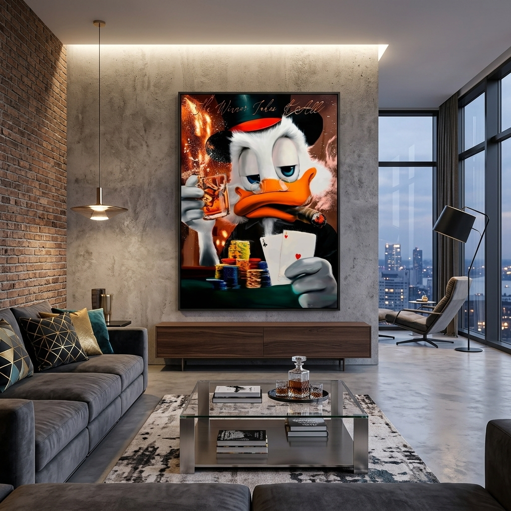 Scrooge. Der Gewinner bekommt alles. Inspirierender Kunstdruck auf Leinwand.