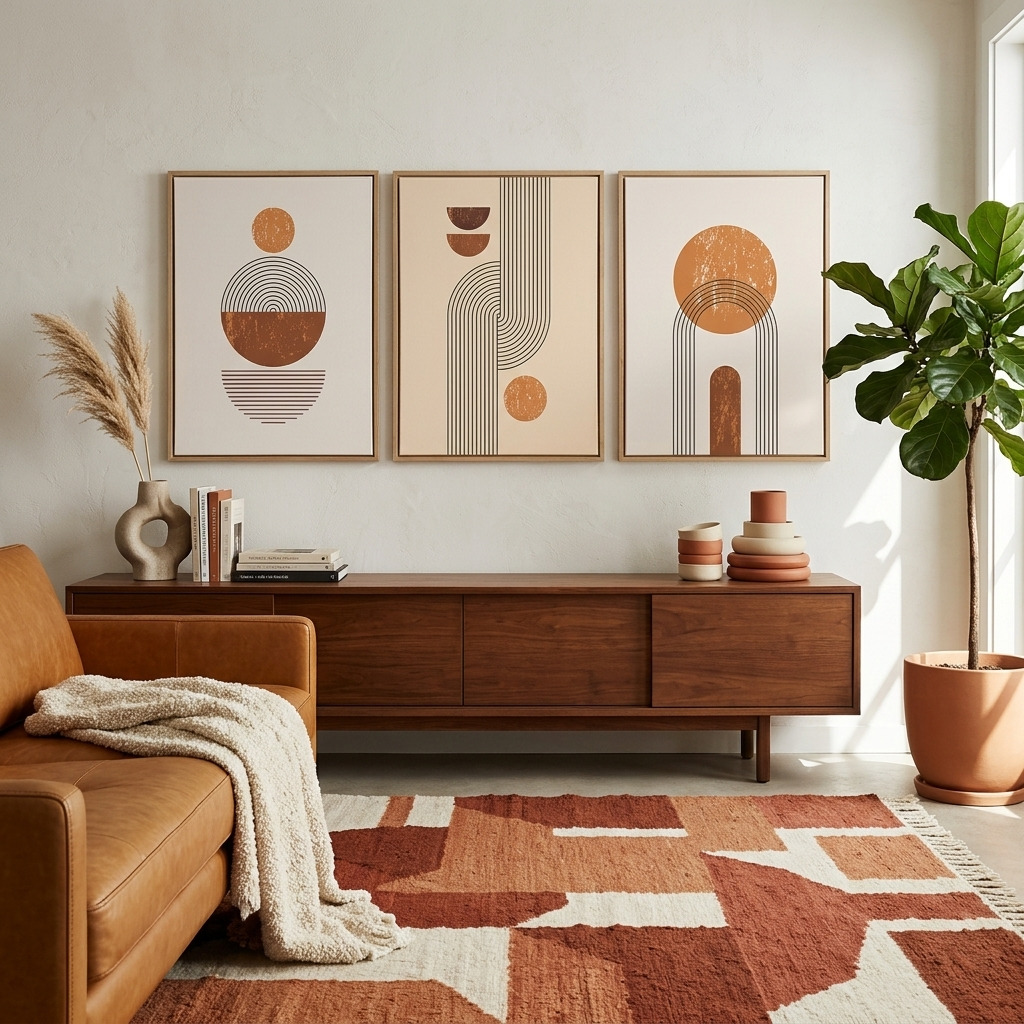 Modularer Kunstdruck auf Leinwand, Motiv Figuren in Beige und Senf, mehrteilig