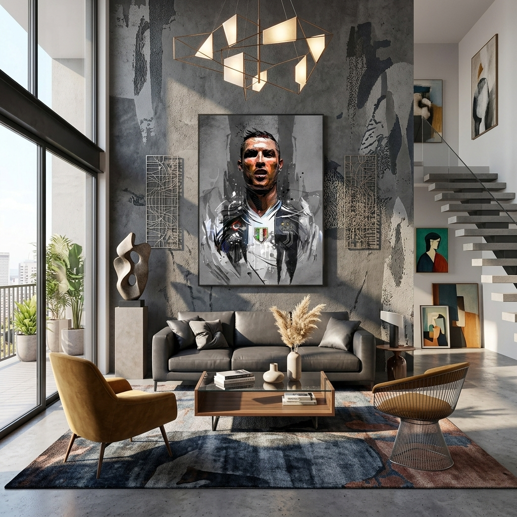 Kunstdruck auf Leinwand, Fußballer Cristiano Ronaldo auf grauem Hintergrund