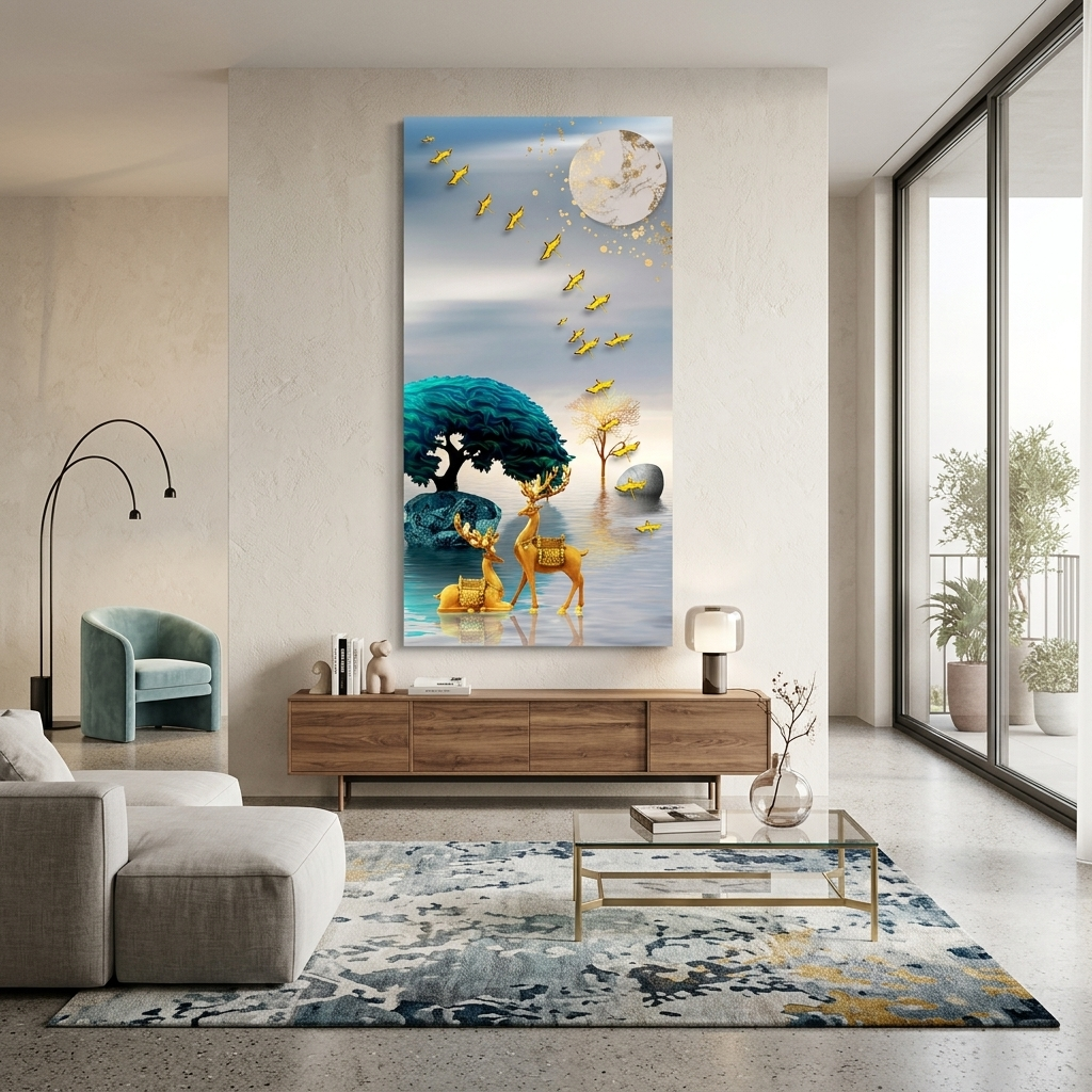 Zwei goldene Hirsche in einem Fluss mit einem blaugrünen Baum Abstrakter Leinwand-Kunstdruck