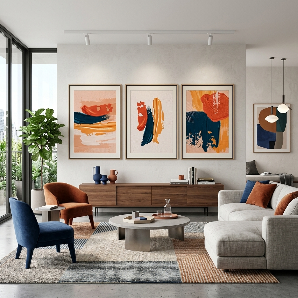Modularer abstrakter Kunstdruck auf Leinwand, mehrteilig, orange und blau