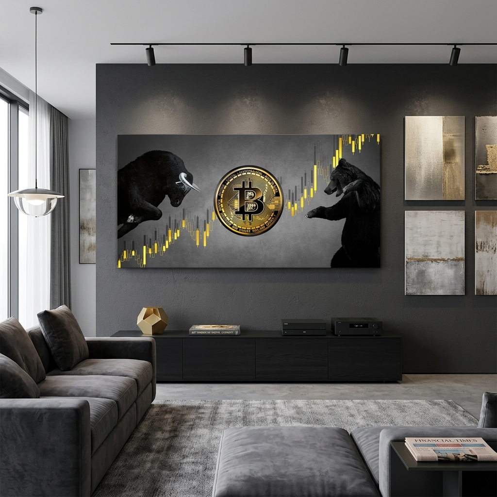 Bitcoin Bulle und Bär auf grauem Hintergrund Inspirierender Leinwand-Kunstdruck