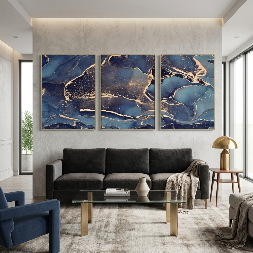 Modularer abstrakter Kunstdruck auf mehrteiliger Leinwand in Dunkelblau und Gold