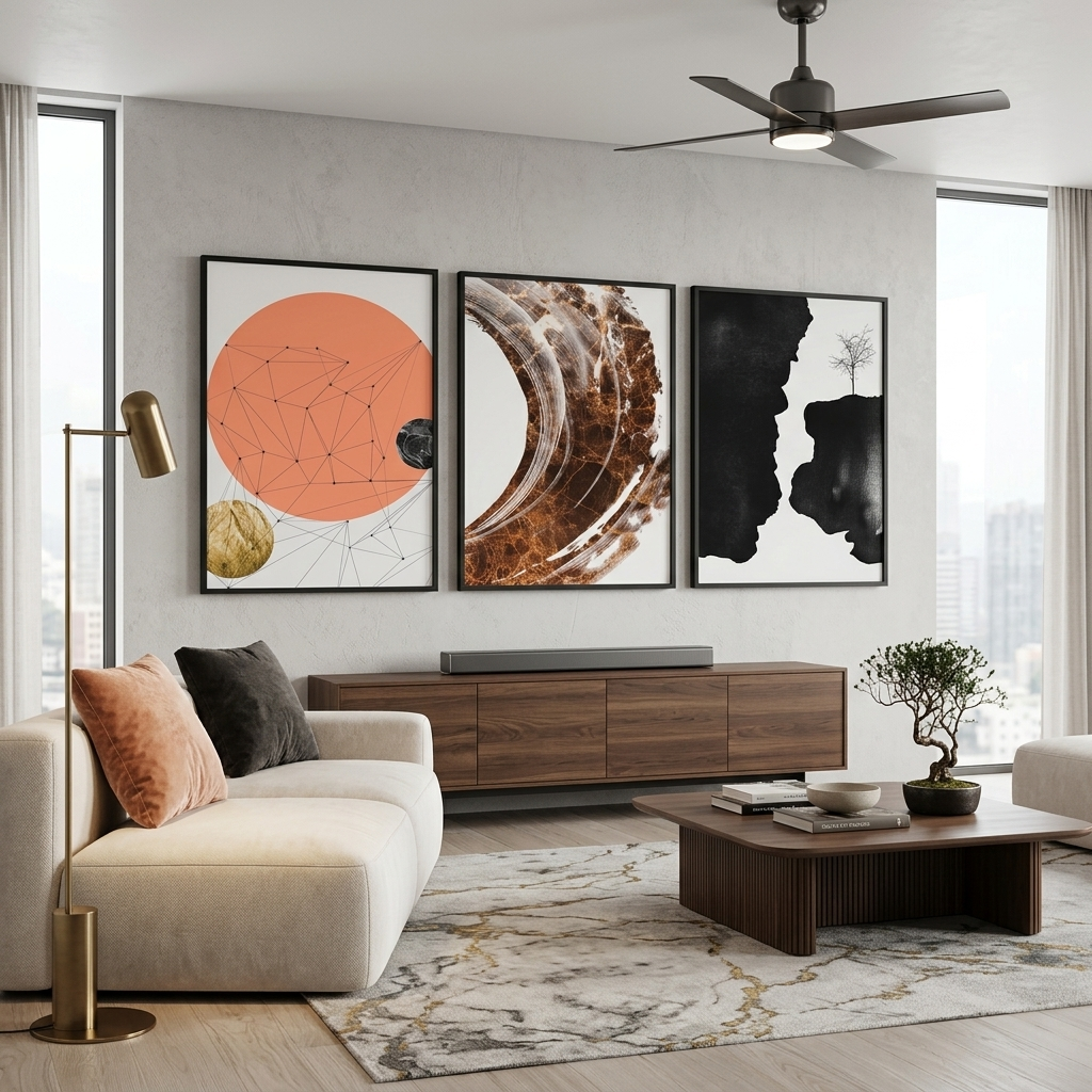 Modularer abstrakter Kunstdruck auf Leinwand, mehrteilig, Braun und Schwarz mit Orangetönen