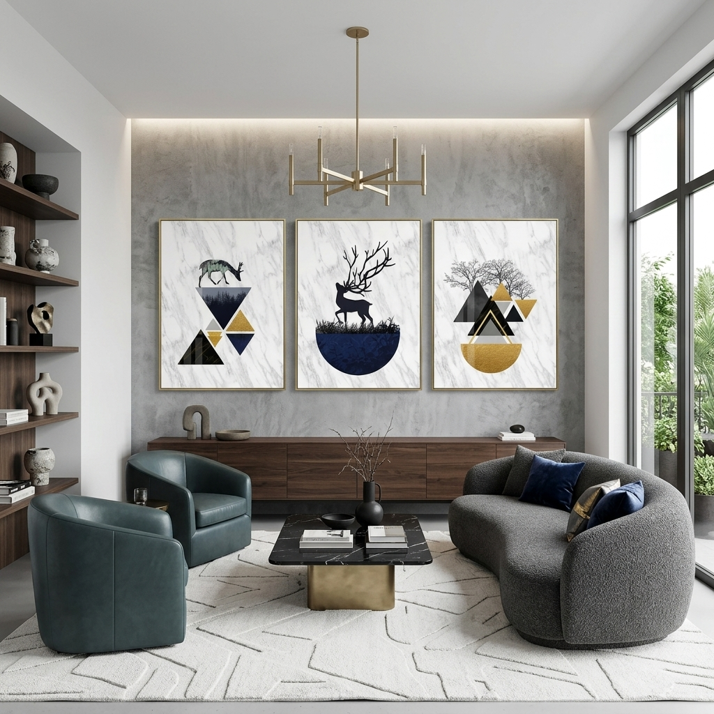 Mehrteiliger Kunstdruck auf Leinwand, Malerei auf Leinwand an der Wand, modular, Hirsch auf dem Hintergrund der geometrischen Abstraktion