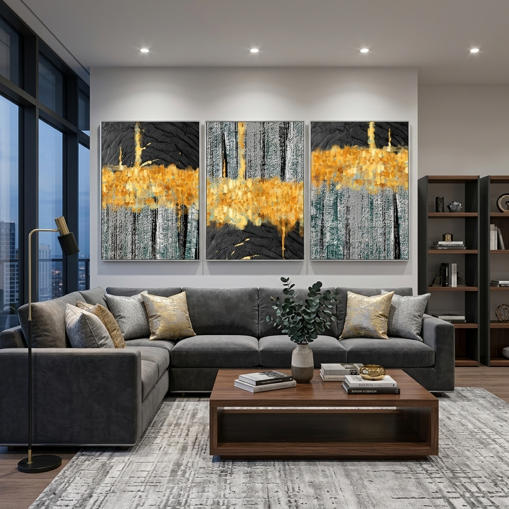 Modularer, grau-goldener abstrakter Kunstdruck mit schwarzen Elementen, mehrere Teile auf Leinwand