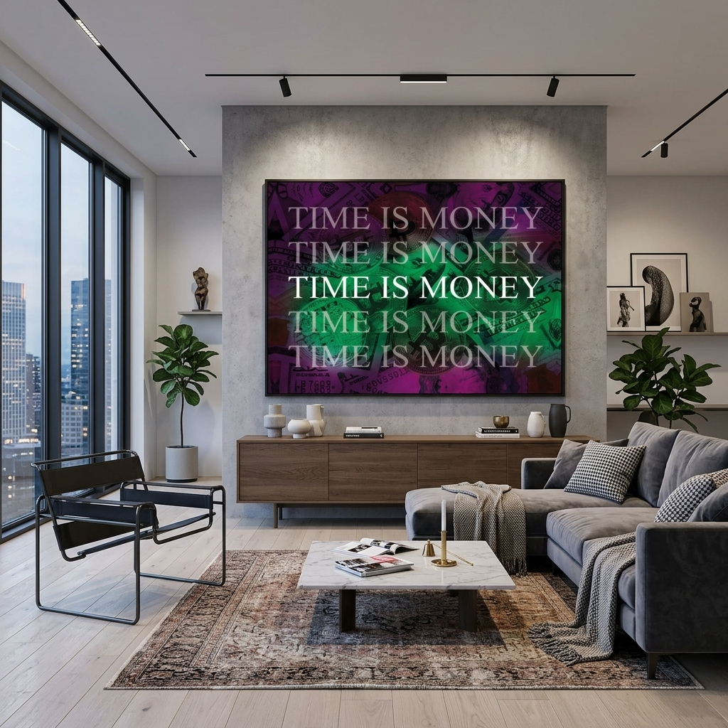 Dollar und Bitcoin Zeit ist Geld auf einem lila Hintergrund Inspirierender Leinwand-Kunstdruck