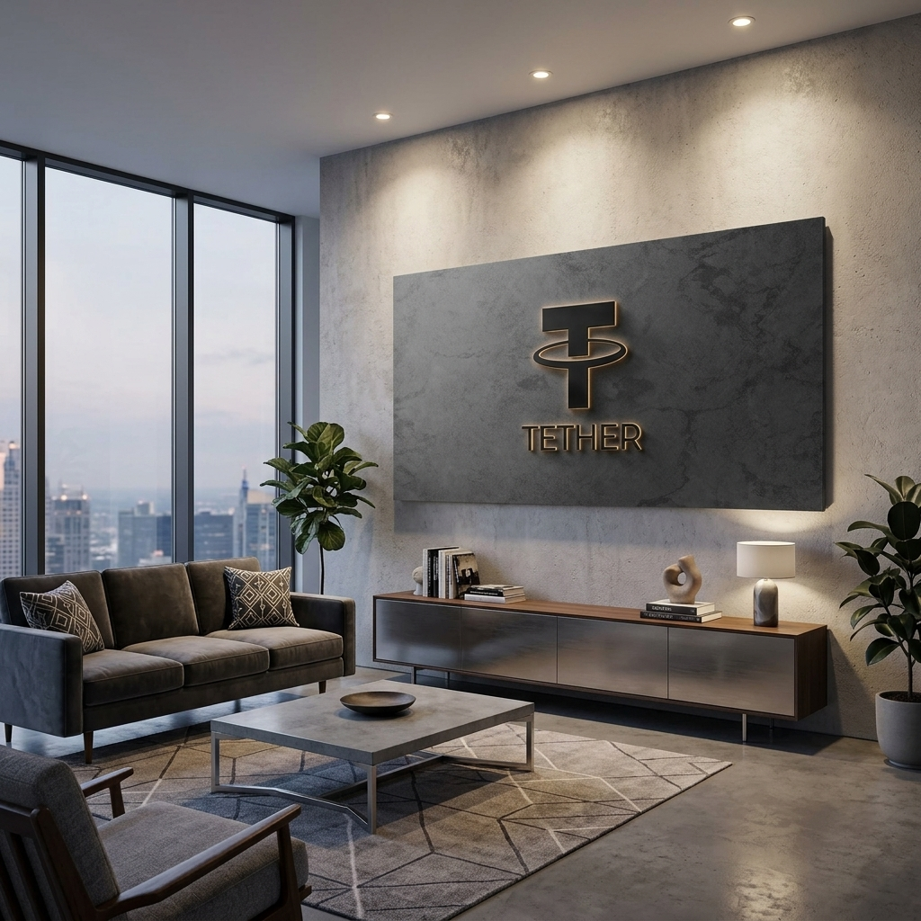 Tether USDT Kryptowährungslogo auf grauem Hintergrund Inspirierender Leinwand-Wandkunstdruck