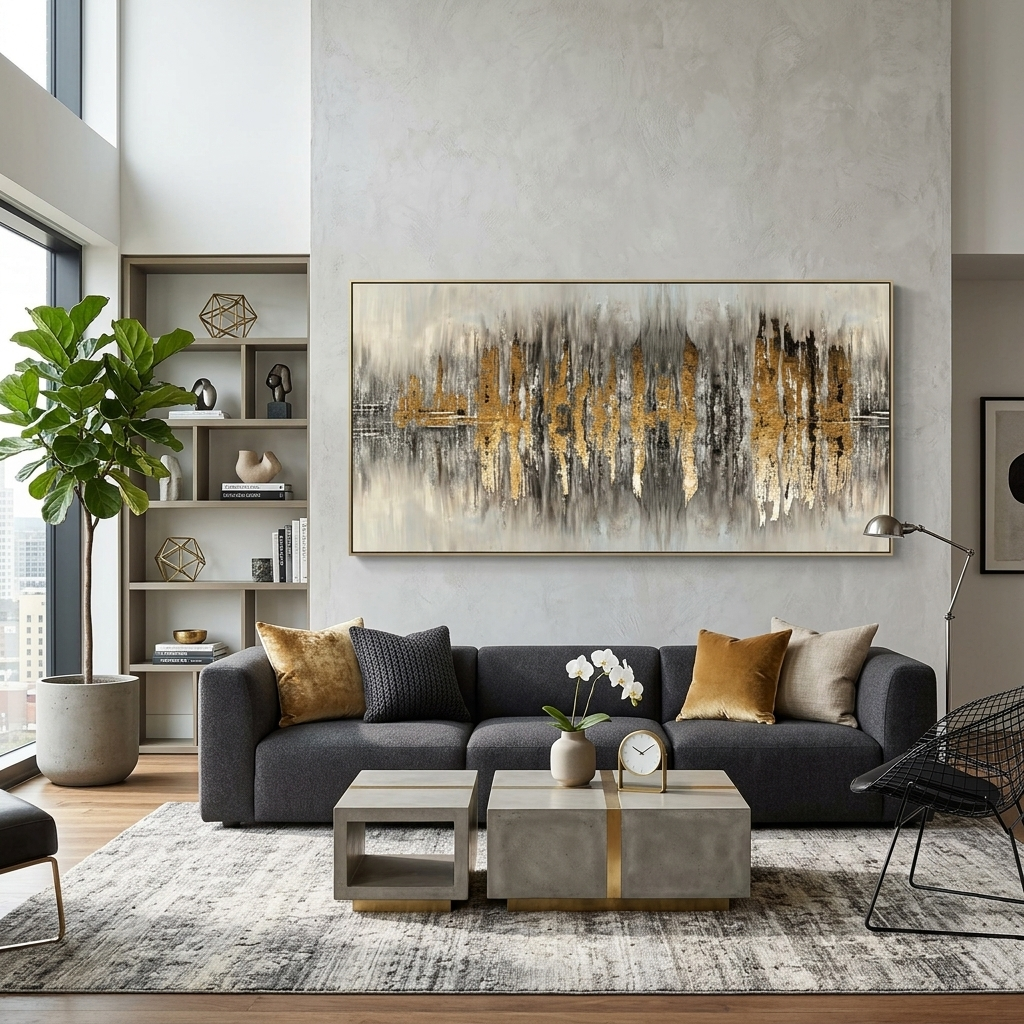 Die Silhouette der Stadt ist ein grau-goldener Abstraktions-Kunstdruck auf Leinwand.