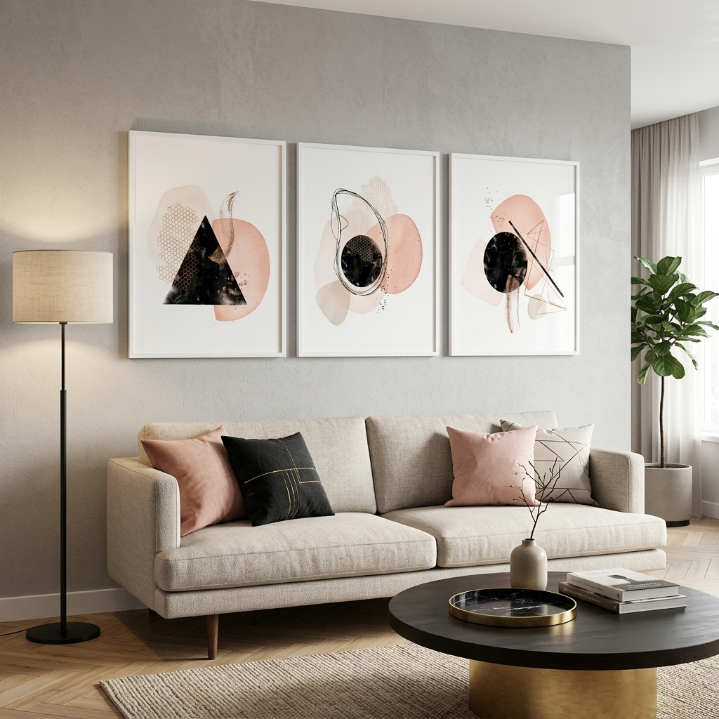 Modularer abstrakter Kunstdruck auf mehrteiliger Leinwand, Schwarz mit Pudertönen