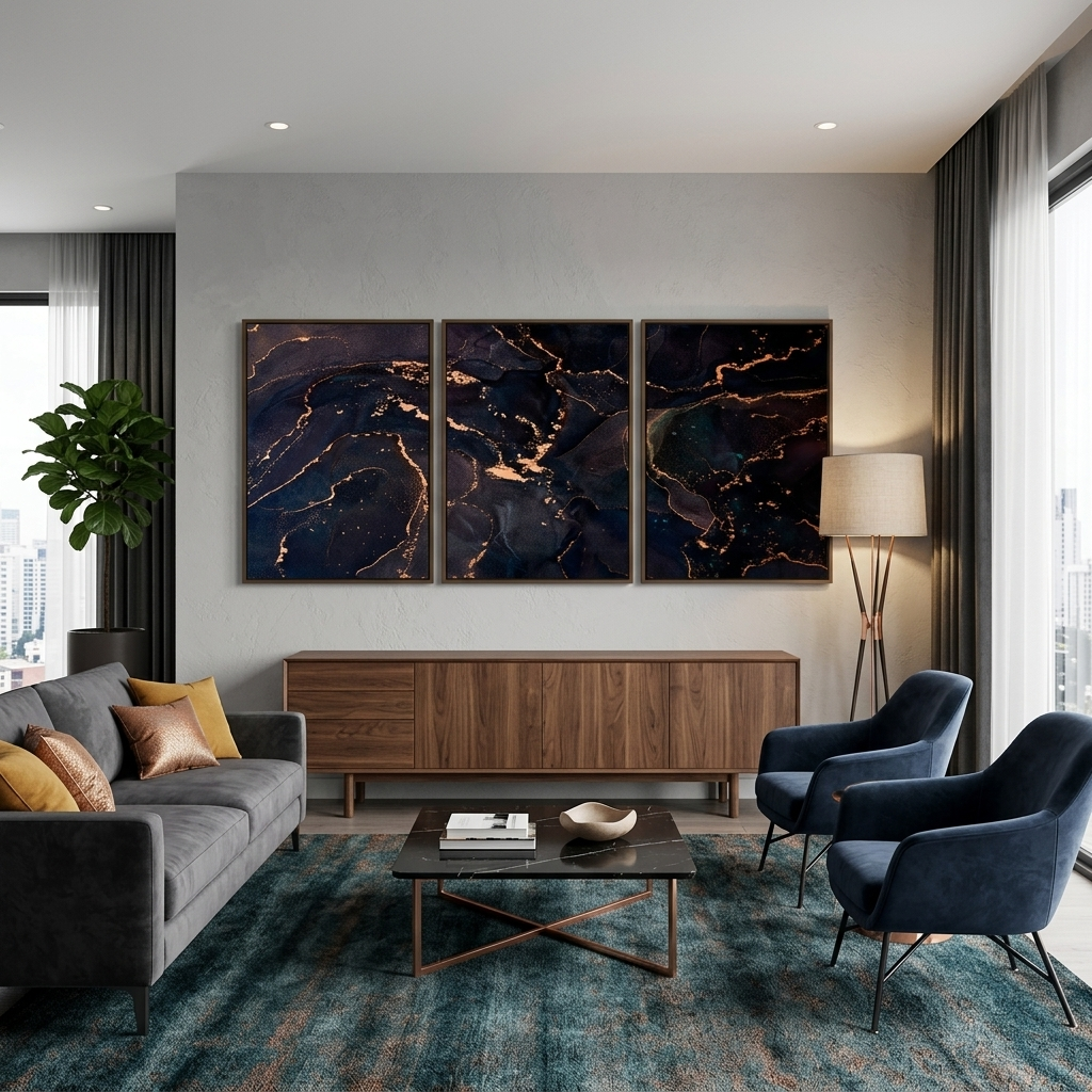 Modularer Kunstdruck auf Leinwand, dunkel, abstrakt, mit goldenen Elementen, mehrere Teile