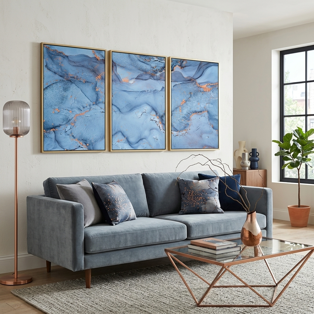 Modularer abstrakter Kunstdruck auf mehrteiliger Leinwand in Blau