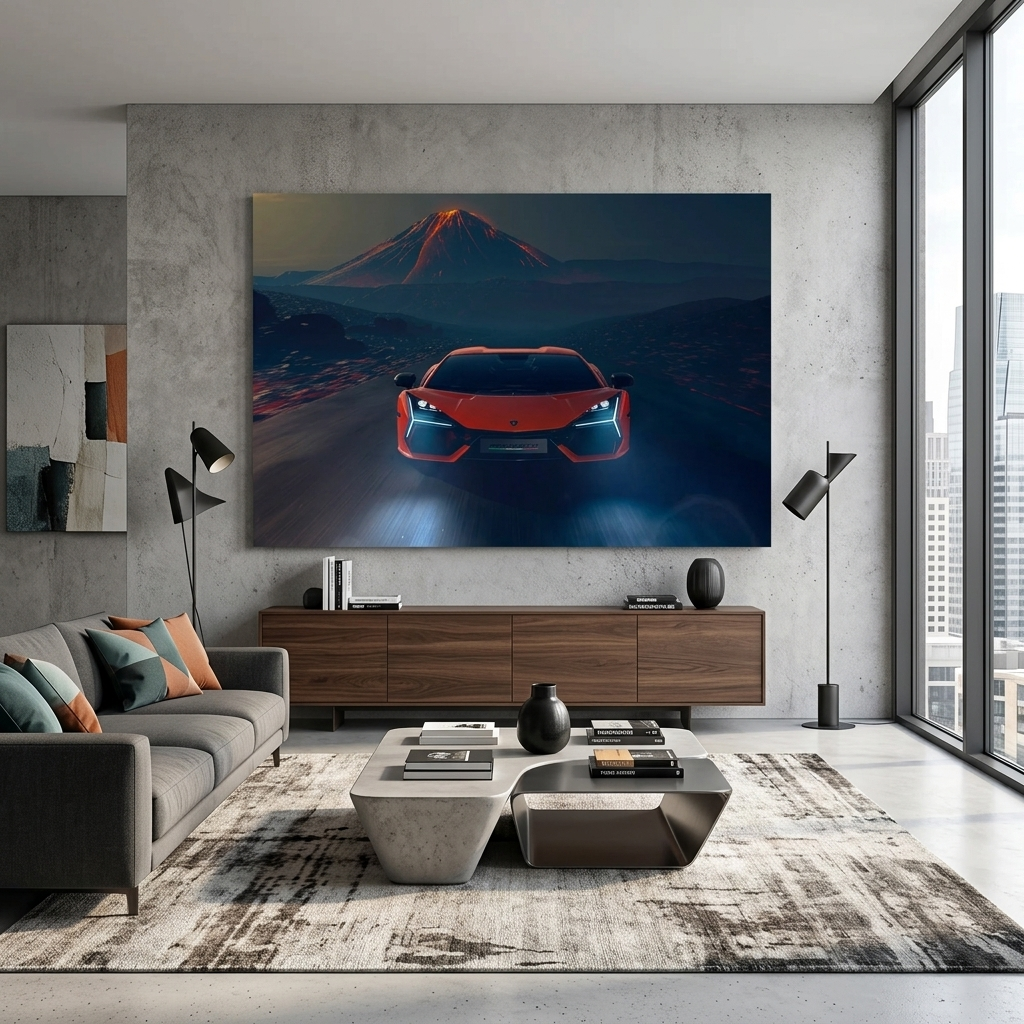 Leinwandbild, orangefarbener Lamborghini mit Vulkan im Hintergrund