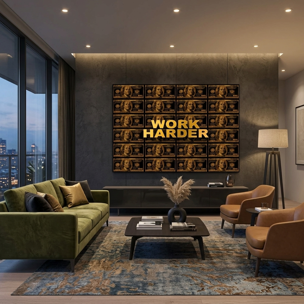 Work harder black and gold dollars Inspirational Canvas Wall Art Print