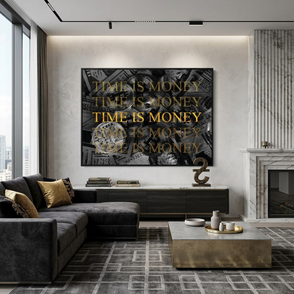Dollars and bitcoin time money on a gray background Inspirational  Canvas Wall Art Print