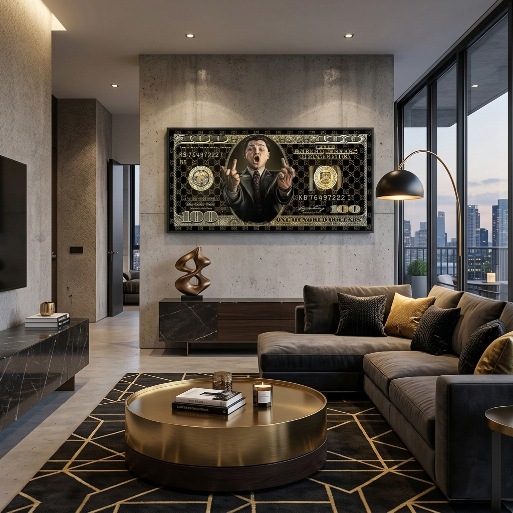 100-Dollar-Schein, schwarz und gold, „The Wolf of Wall Street“, motivierender Kunstdruck auf Leinwand