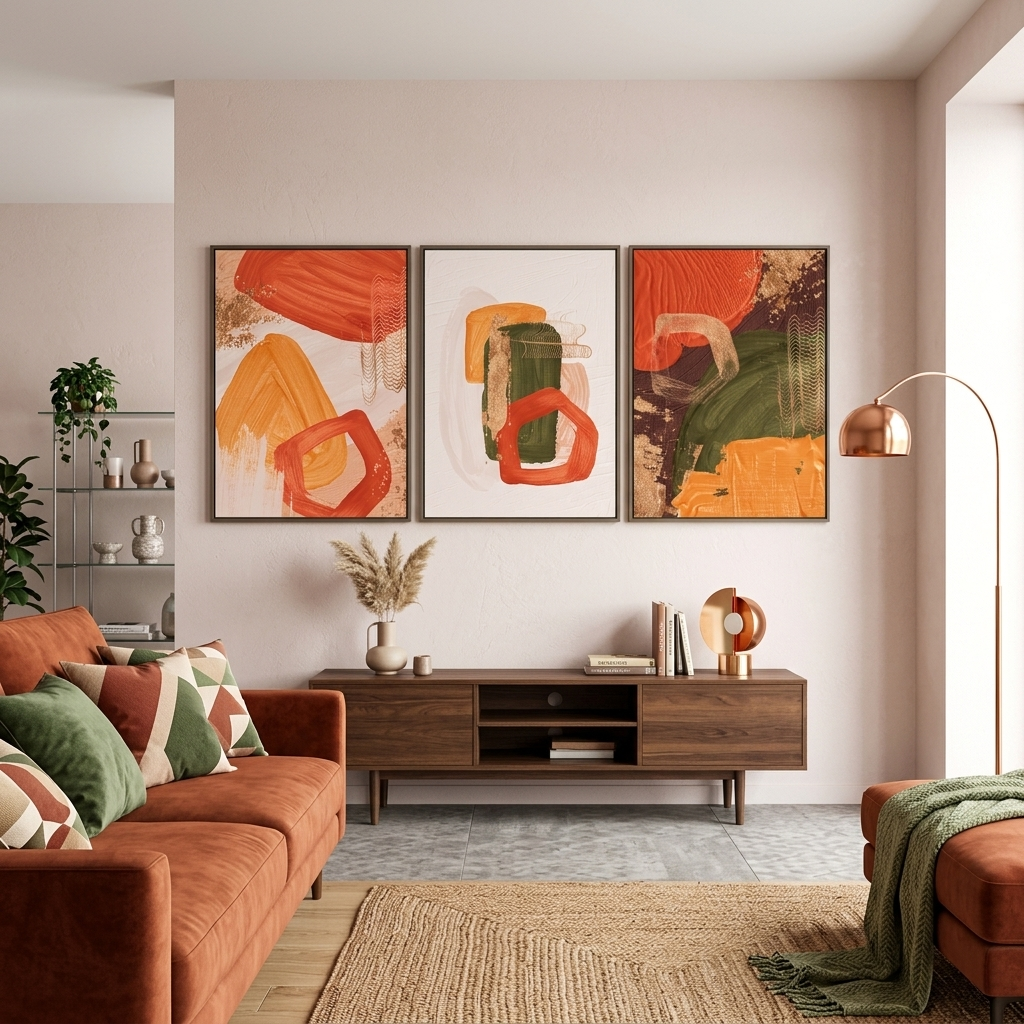 Modularer gelb-orangefarbener abstrakter Kunstdruck mit grünen Elementen, mehrere Teile auf Leinwand