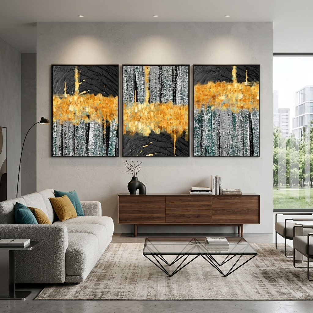 Modularer, grau-goldener abstrakter Kunstdruck mit schwarzen Elementen, mehrere Teile auf Leinwand