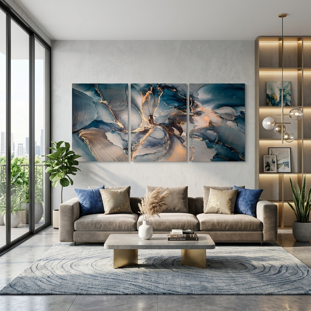 Modularer, graublauer abstrakter Kunstdruck mit goldenen Elementen, mehrere Teile auf Leinwand