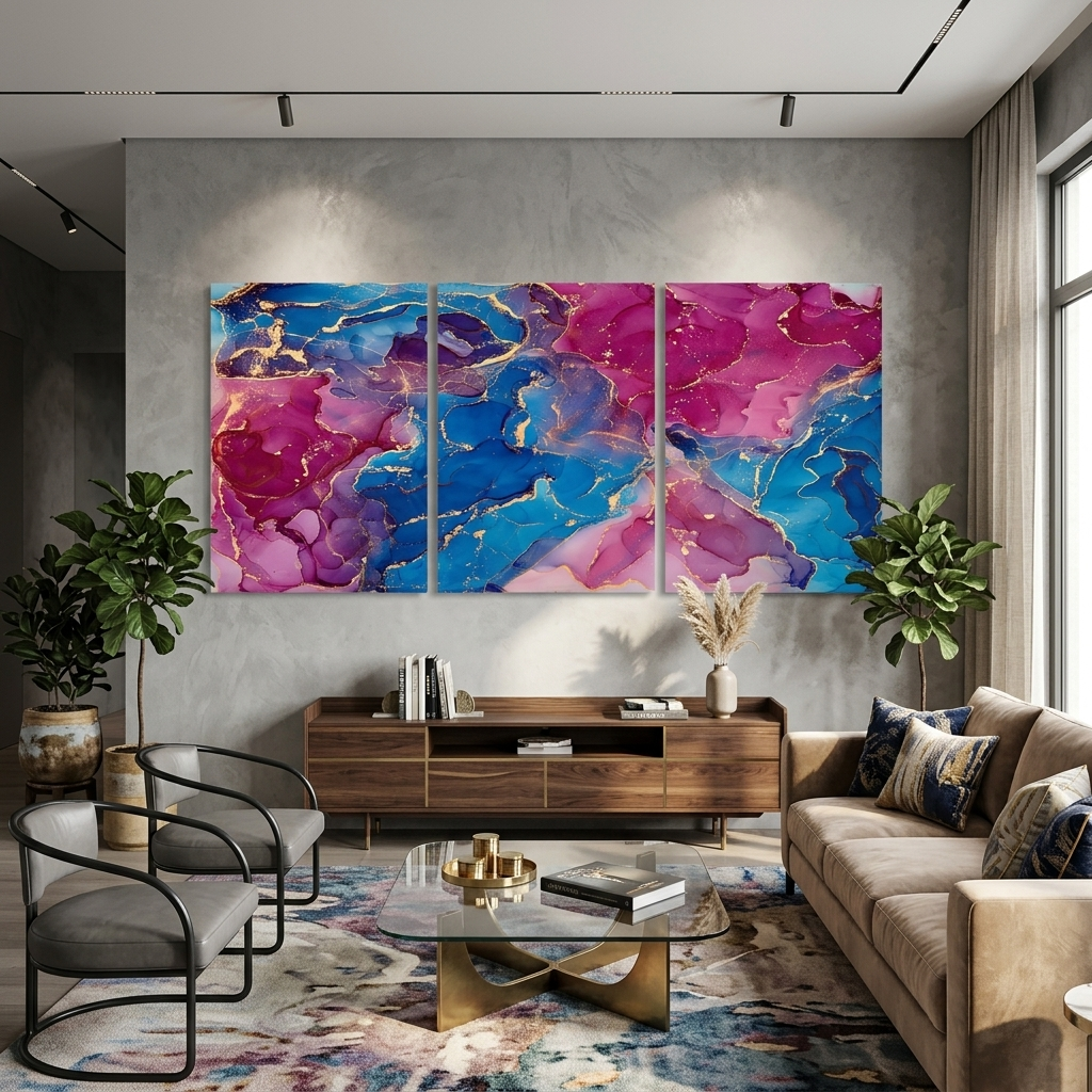 Modulare Abstraktion in Rosa- und Blautönen, mehrteiliger Kunstdruck auf Leinwand