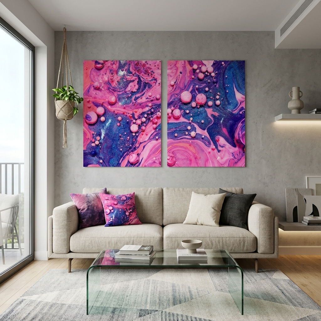 Modularer abstrakter Kunstdruck auf Leinwand, mehrteilig, Rosa und Blau