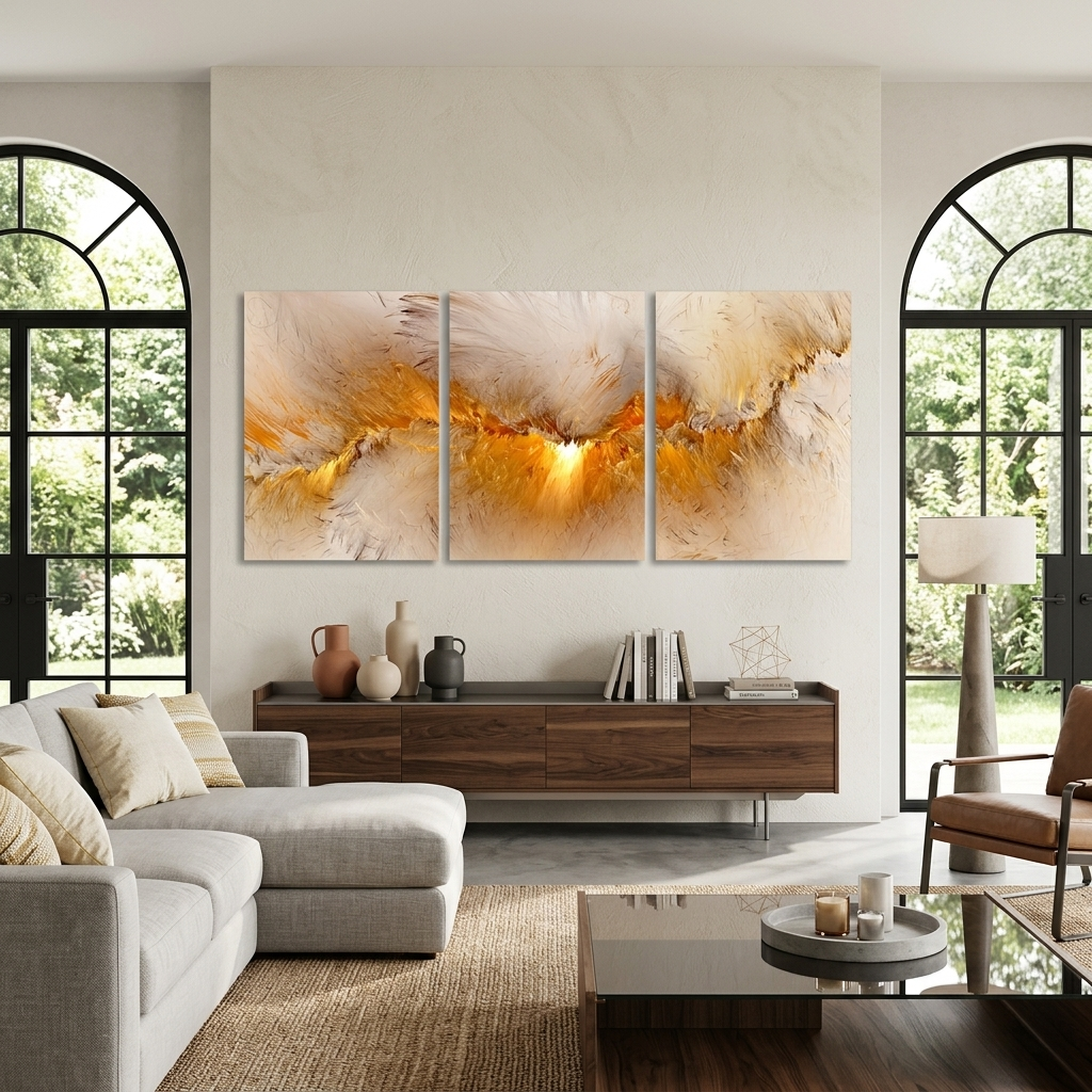 Modularer Kunstdruck auf mehrteiliger Leinwand in Beige und Gold