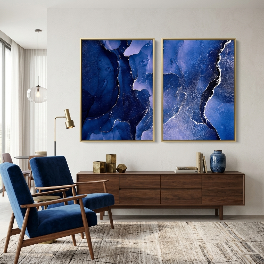 Modularer blauer abstrakter Kunstdruck mit weißen Linien und blauen Farbtönen, mehrteilig, auf Leinwand
