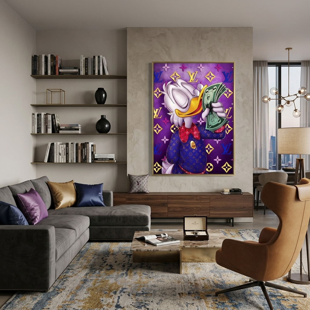Inspirierender Leinwand-Kunstdruck „Scrooge mit einem Bündel Dollar auf violettem Hintergrund“ von Chanel