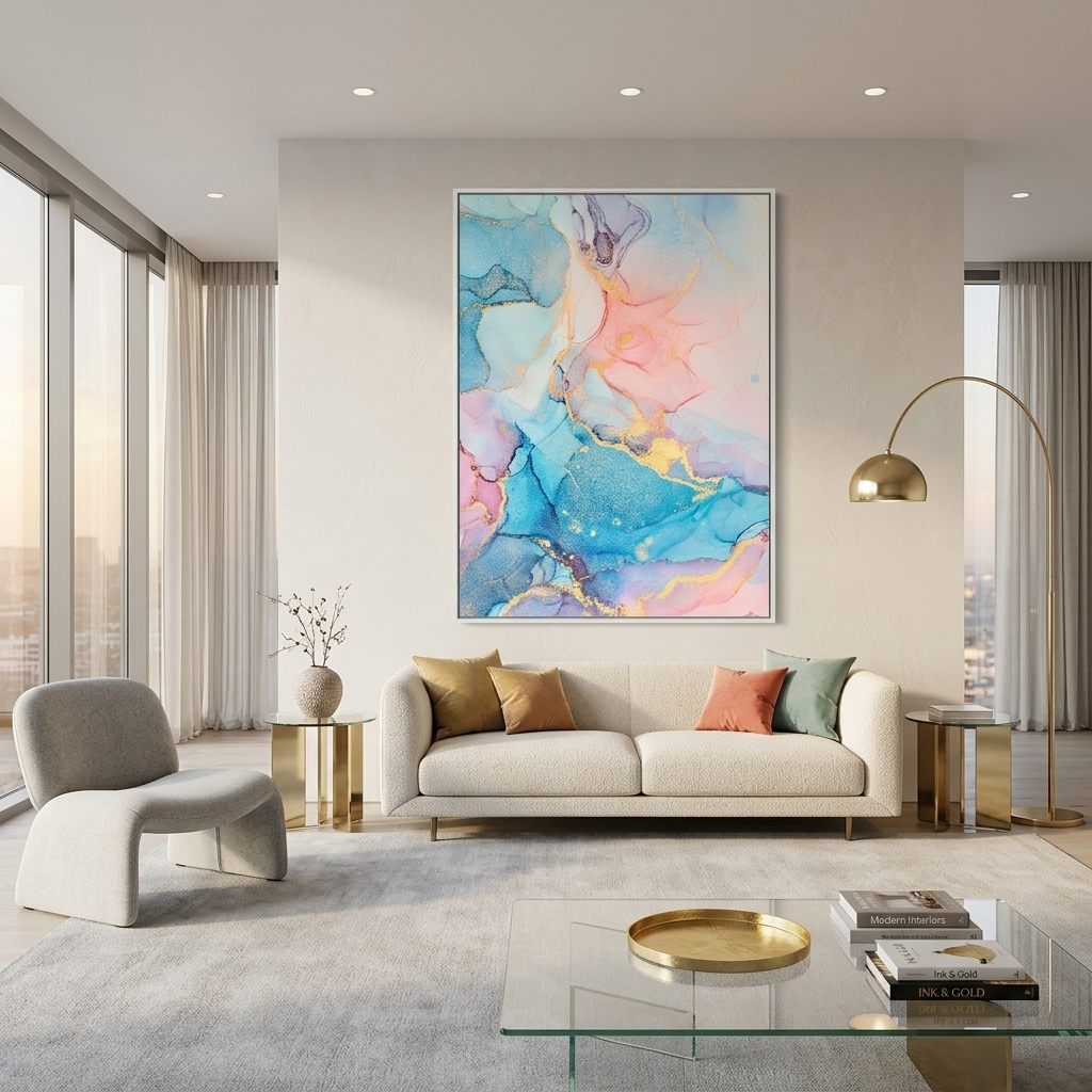 Puderrosa mit blau-goldenen Tönen Abstraktion Leinwand Wand Kunstdruck