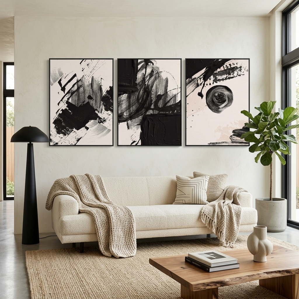 Modularer schwarz-weißer abstrakter mehrteiliger Kunstdruck auf Leinwand