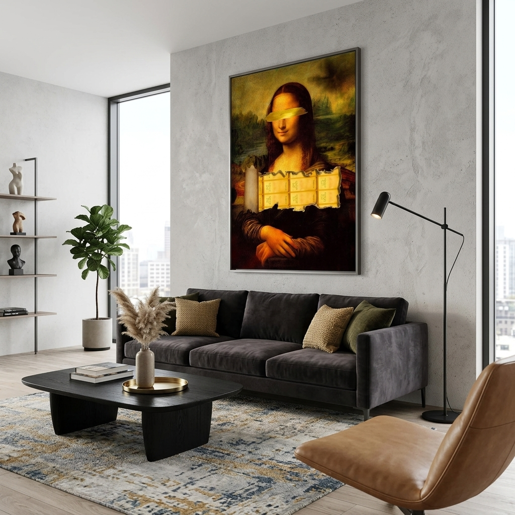 Mona Lisa mit Goldbarren, inspirierender Kunstdruck auf Leinwand