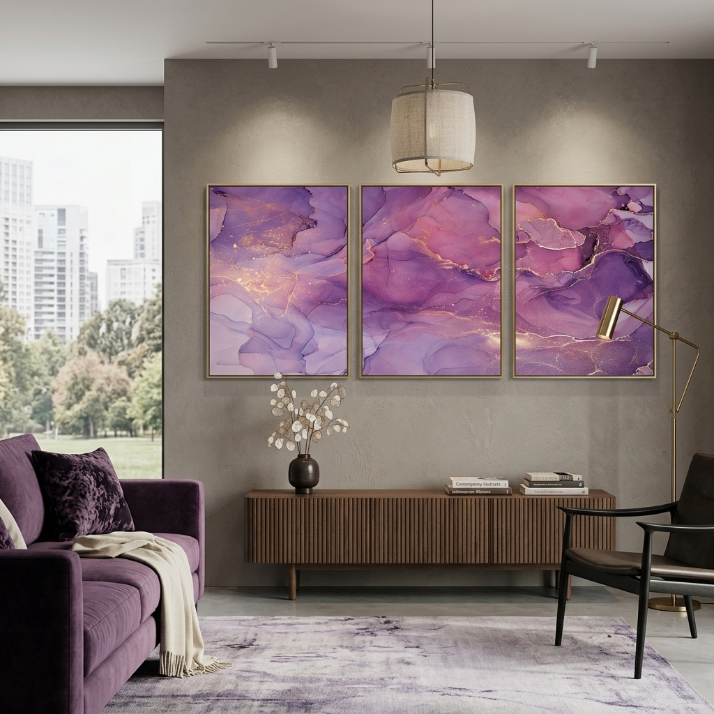 Modularer abstrakter Kunstdruck auf Leinwand, mehrere Teile, Rosa und Lila