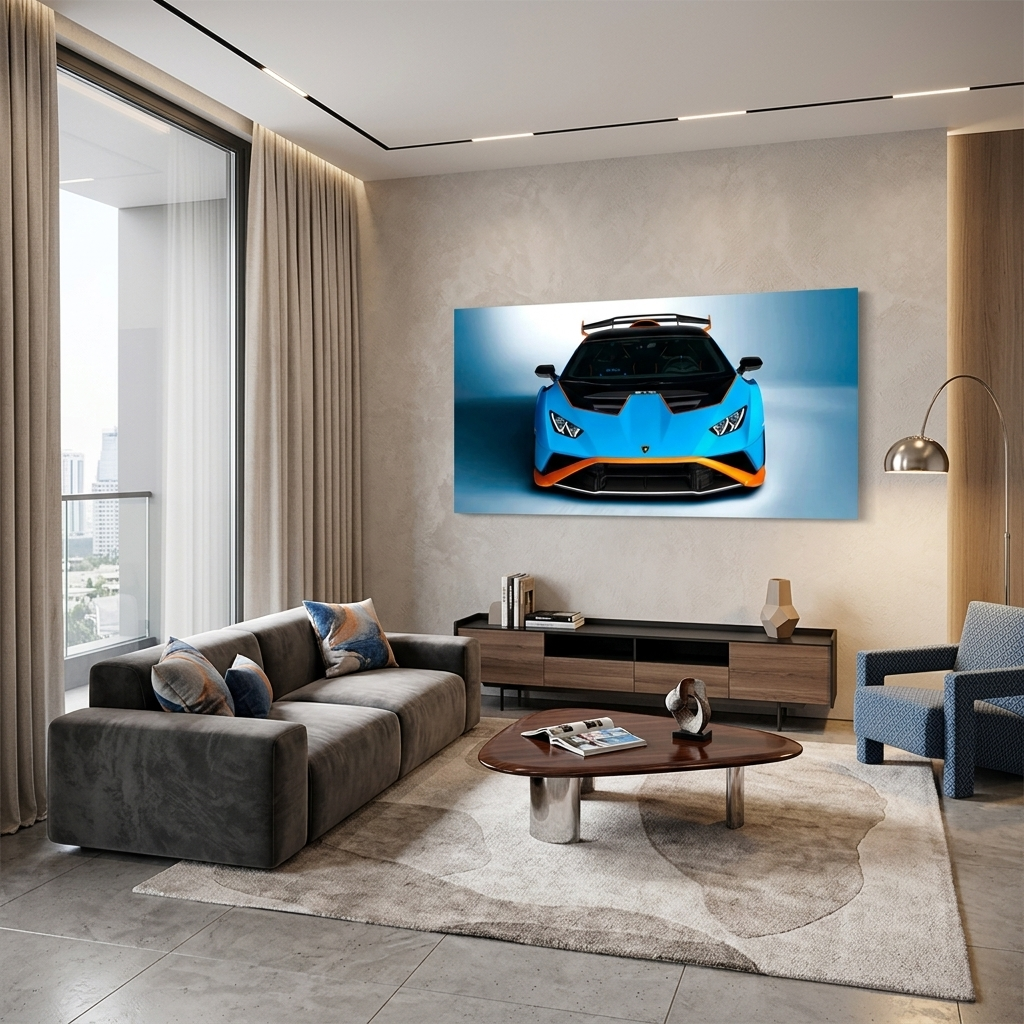 Auto Lamborghini Huracan STO blau mit orangefarbenem Leinwand-Kunstdruck