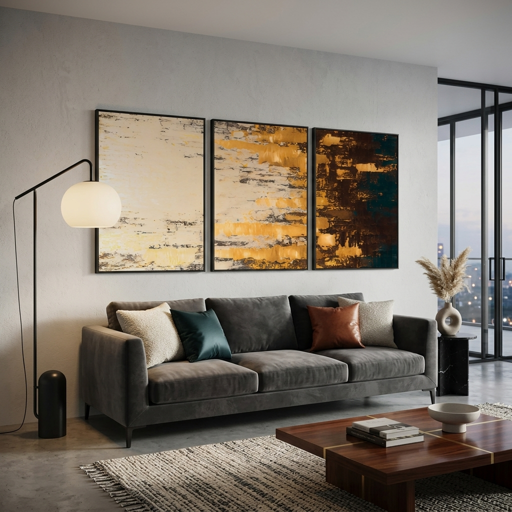 Modularer, sandfarbener, abstrakter, mehrteiliger Kunstdruck auf Leinwand