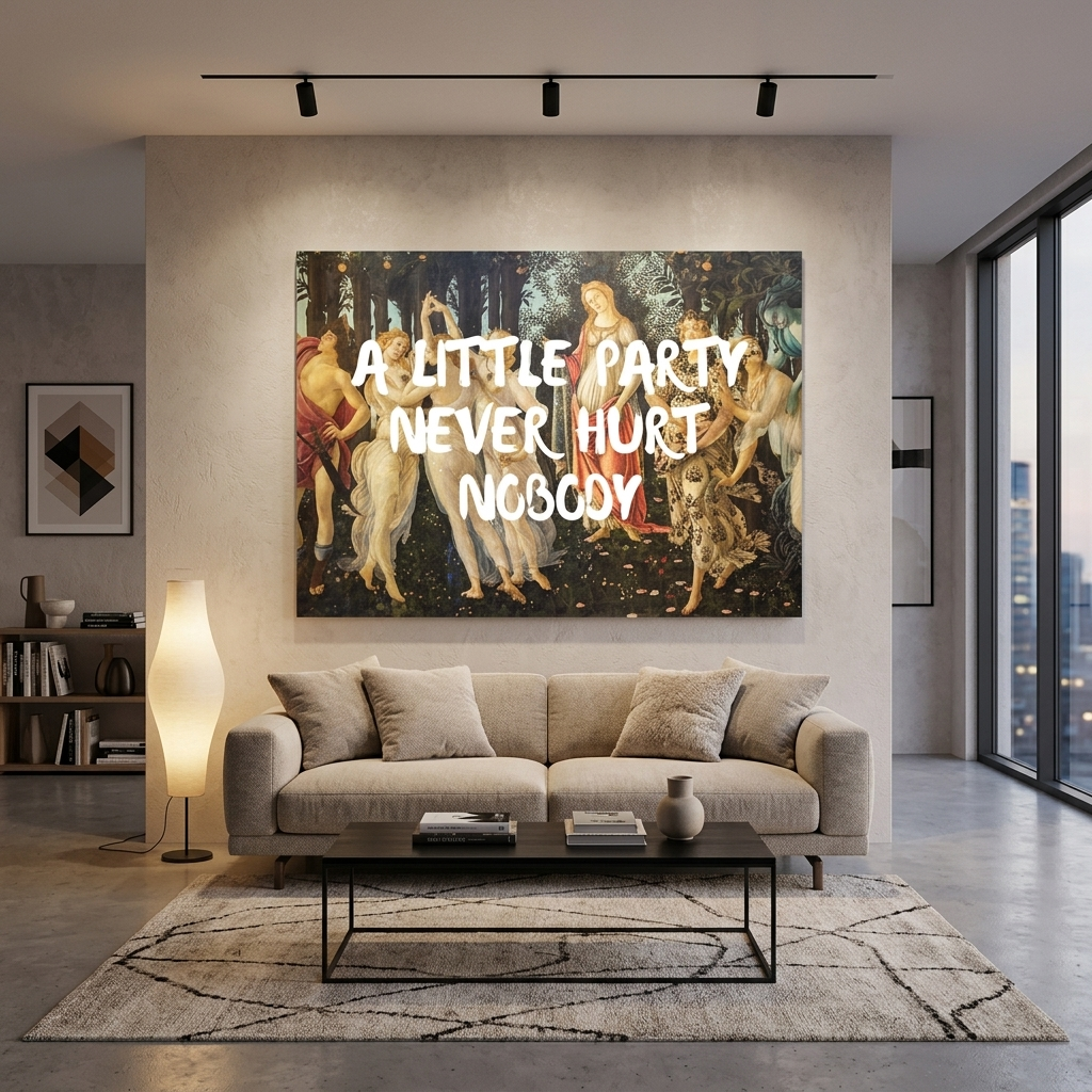 Kunstdruck auf Leinwand, „Eine kleine Party hat noch nie jemandem geschadet“.