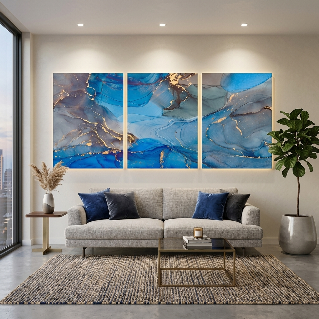 Modularer, abstrakter, graublauer Kunstdruck auf Leinwand, mehrere Teile