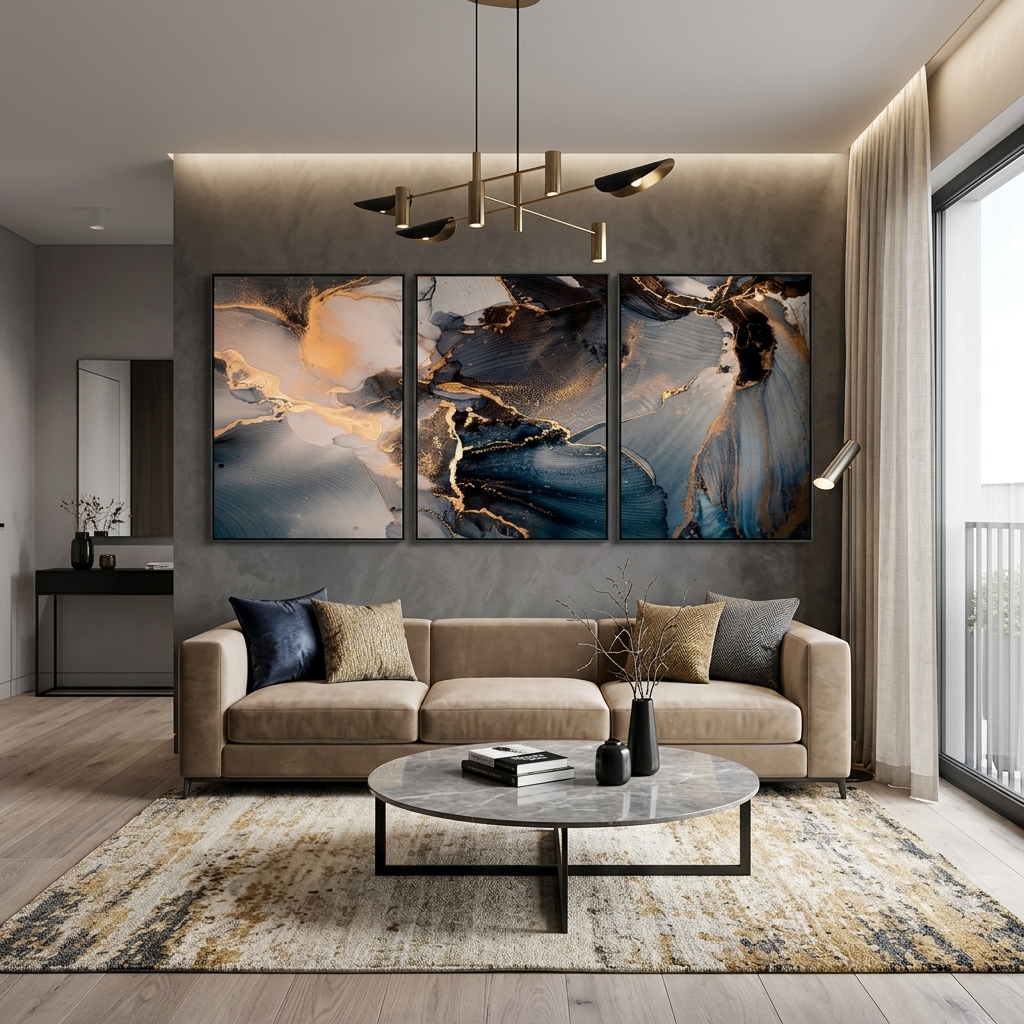 Modularer Kunstdruck auf mehrteiliger Leinwand in Marineblau mit abstrakten goldenen Elementen