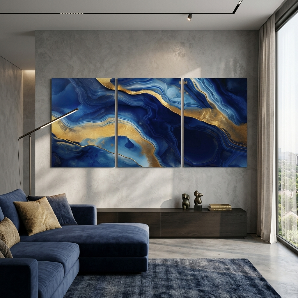 Kunstdruck auf Leinwand, mehrteilig, tiefblauer Marmor mit Gold