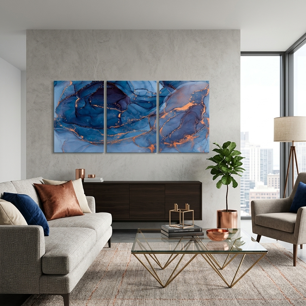 Modularer, abstrakter Kunstdruck auf Leinwand, mehrere Teile, Marineblau