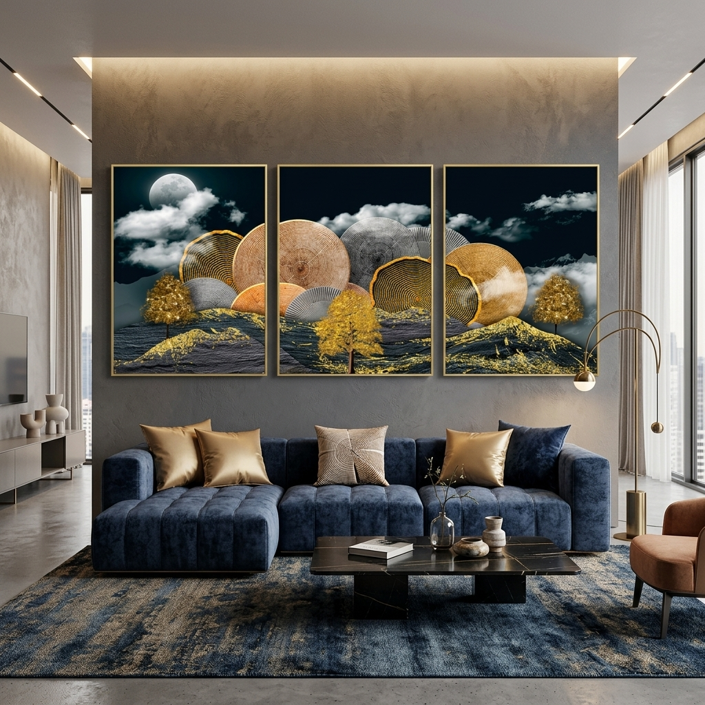 Modularer abstrakter Baum in Gold, mehrteiliger Leinwand-Kunstdruck