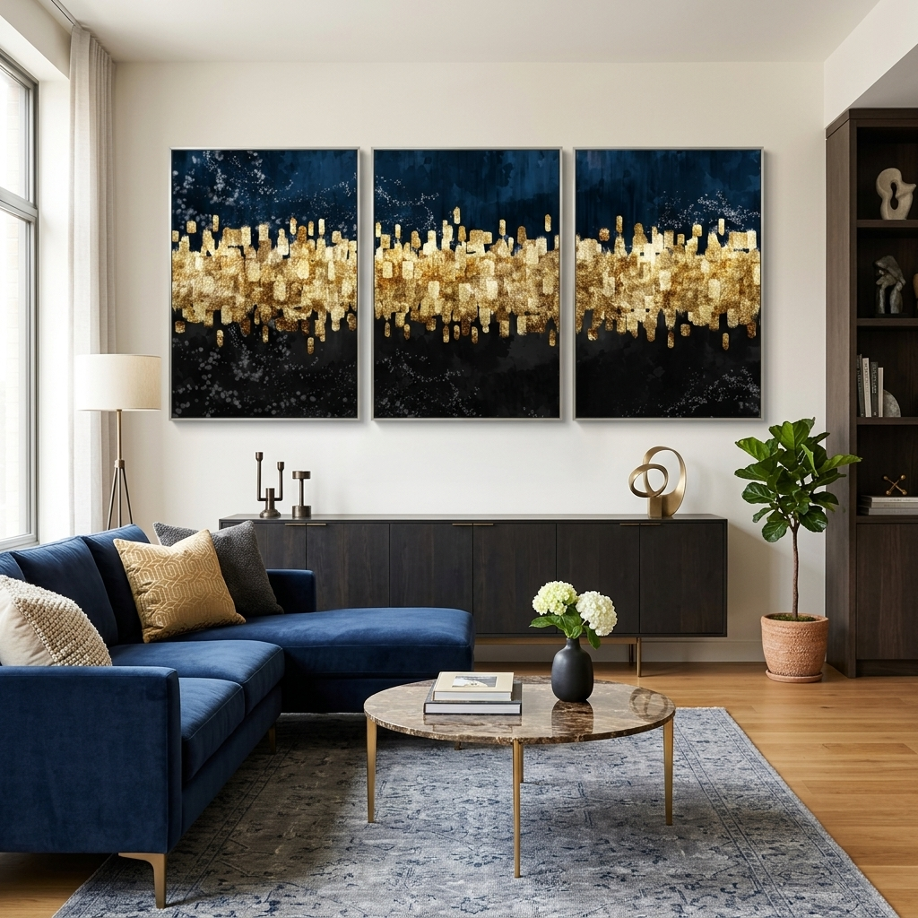 Modularer abstrakter Kunstdruck auf Leinwand, mehrteilig, Schwarz und Gold