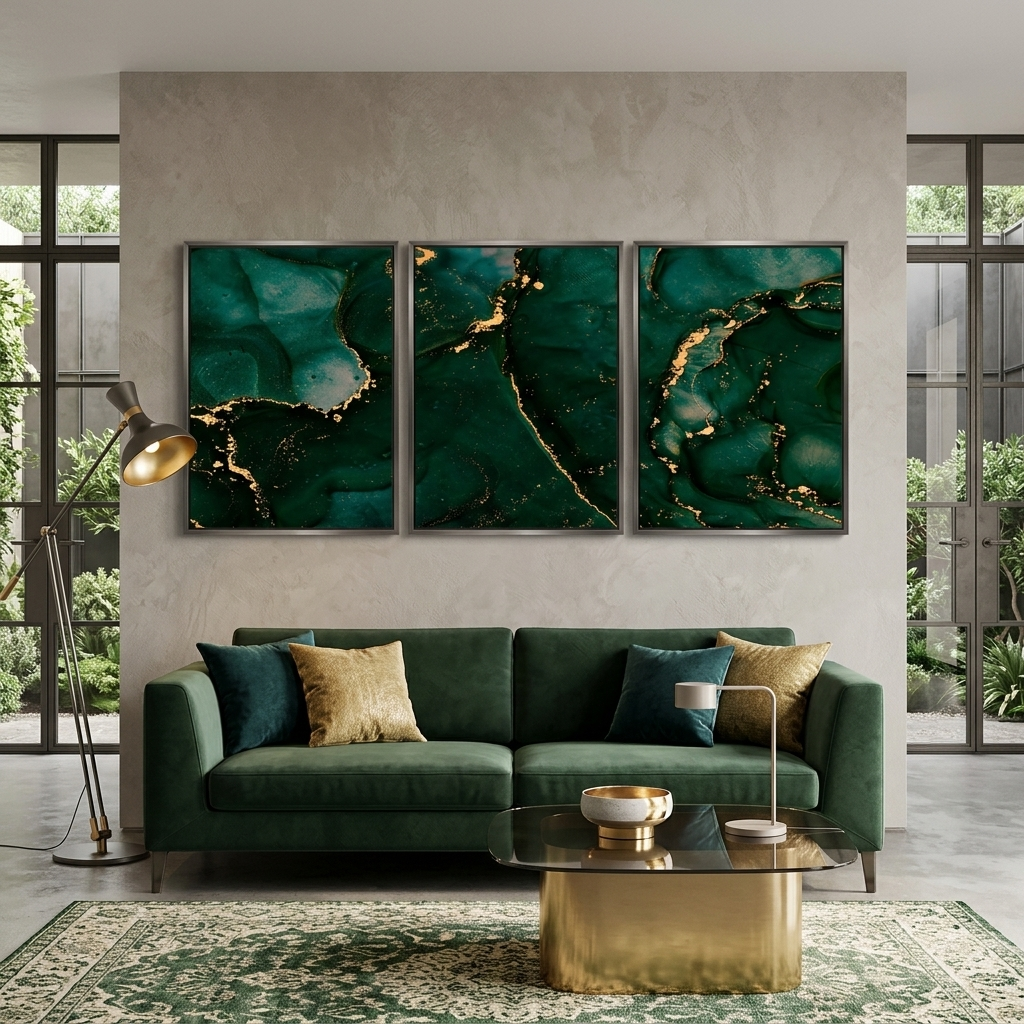 Modularer abstrakter Kunstdruck auf Leinwand, mehrere Teile, Grün und Gold