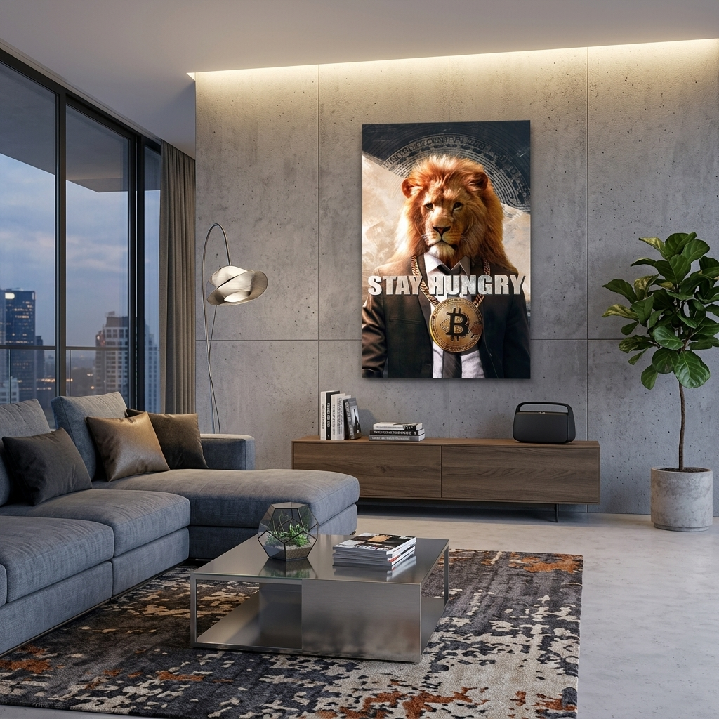 Bitcoin Lion Stay Hungry Motivierender Leinwand-Kunstdruck