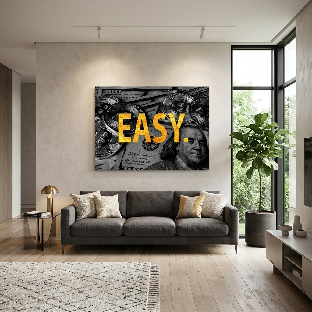 „EASY“ vor dem Hintergrund von Bitcoin-Dollars. Inspirierender Kunstdruck auf Leinwand.