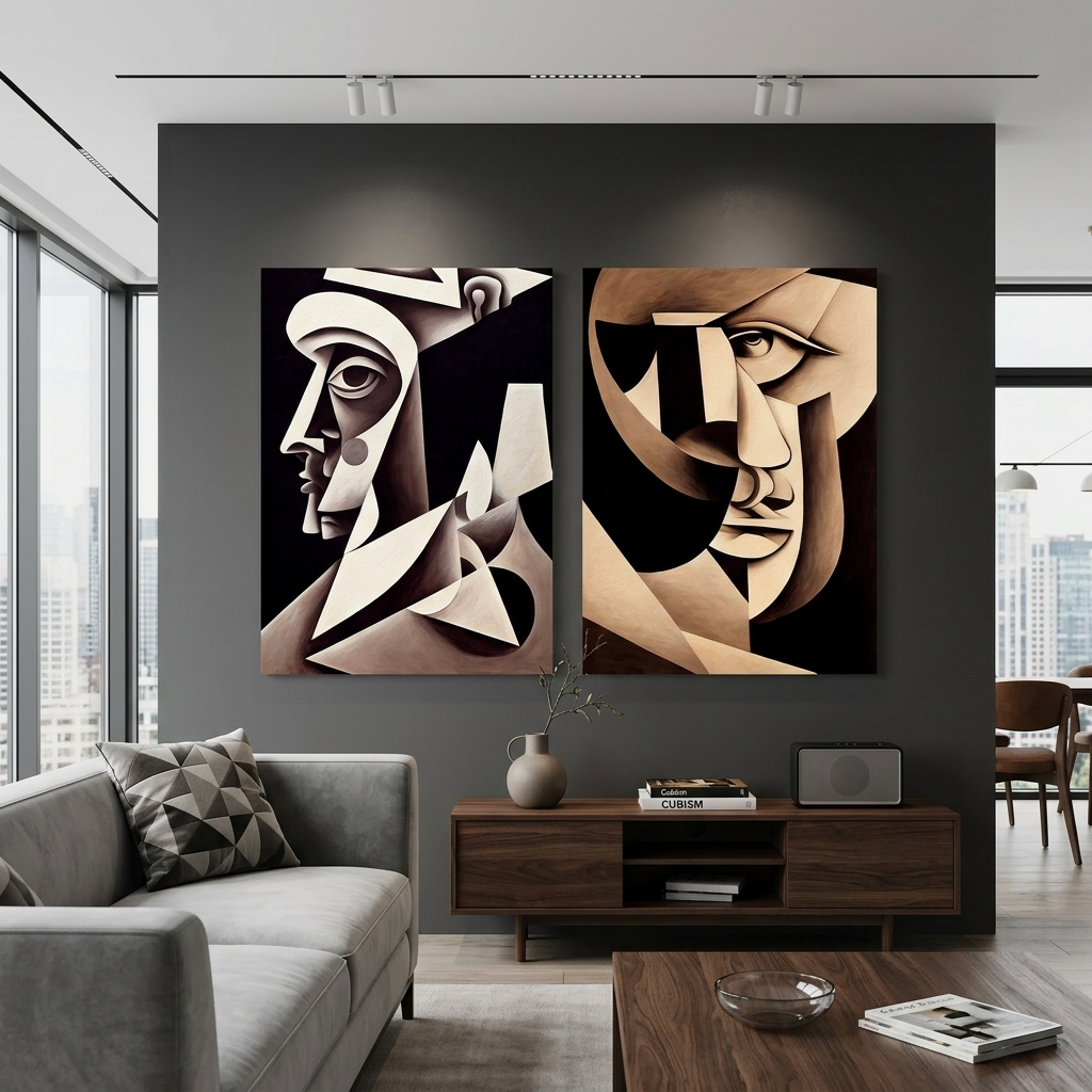 Modulares 2-teiliges Diptychon „Zwei Porträts, abstrakter Kubismus“, mehrteiliger Kunstdruck auf Leinwand
