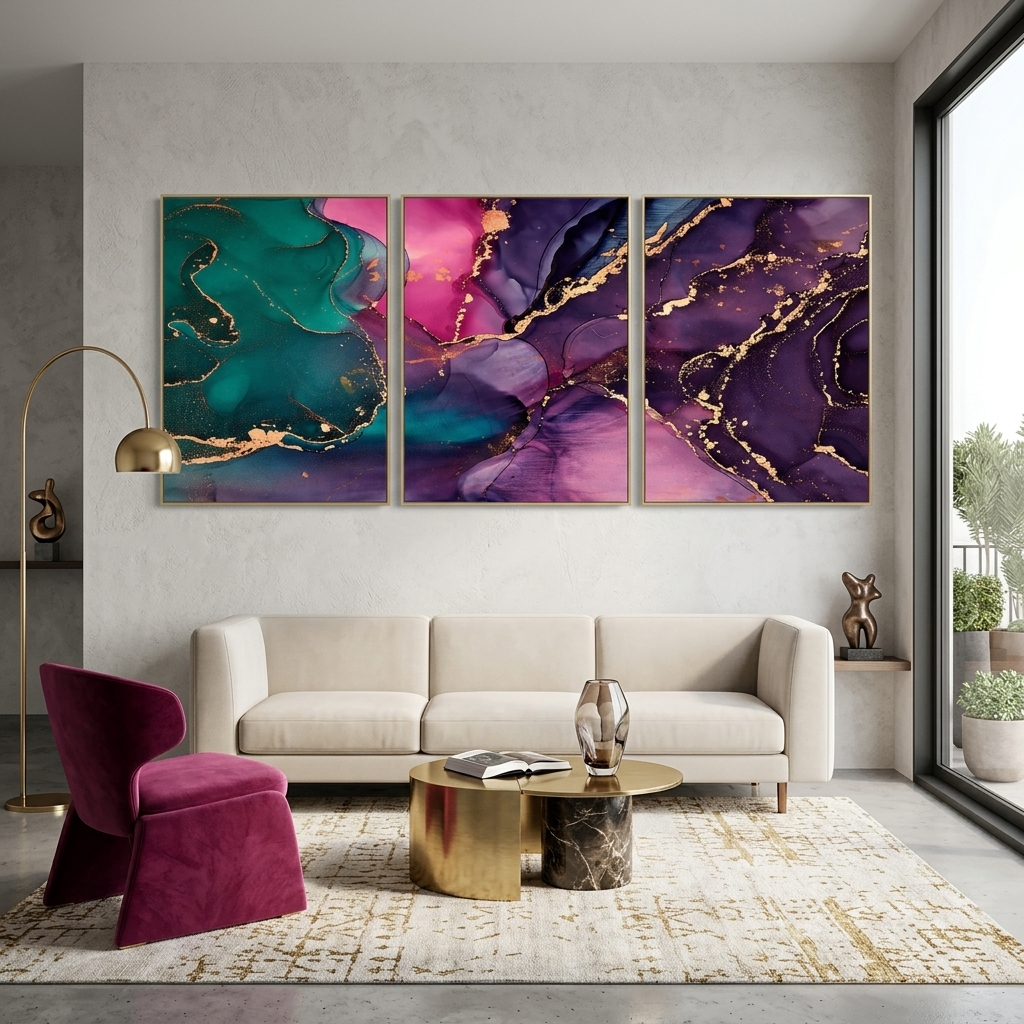 Modularer abstrakter Kunstdruck auf Leinwand, mehrteilig, Violett und Grün