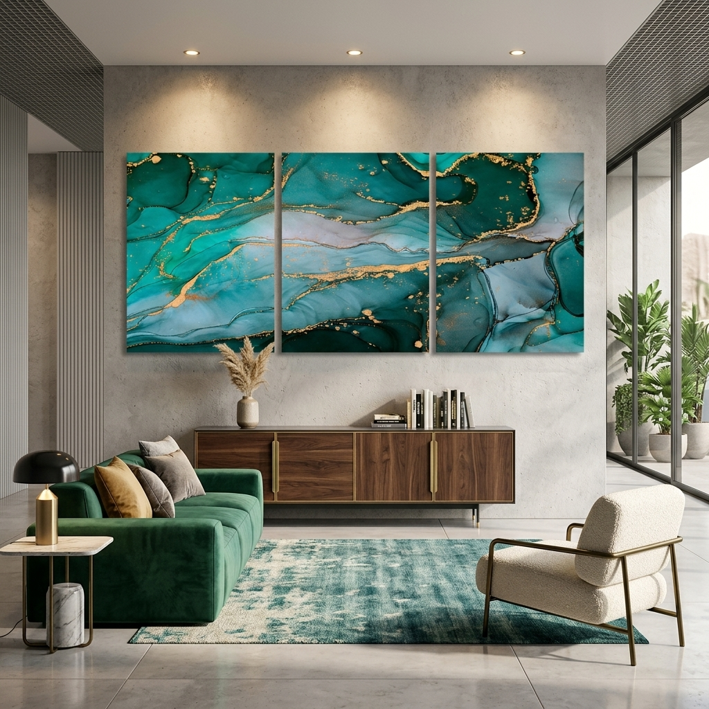 Modularer, grüner, abstrakter Kunstdruck mit goldenen Elementen, mehrere Teile auf Leinwand
