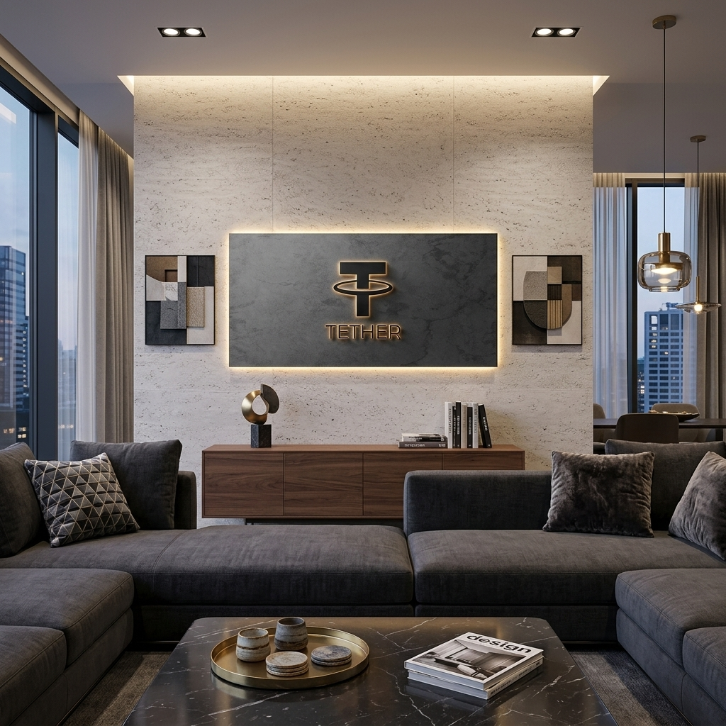 Tether USDT Kryptowährungslogo auf grauem Hintergrund Inspirierender Leinwand-Wandkunstdruck