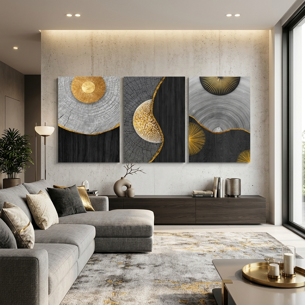 Modularer dreiteiliger Kunstdruck auf Leinwand, mehrteilig, aus schwarzem und grauem Holz